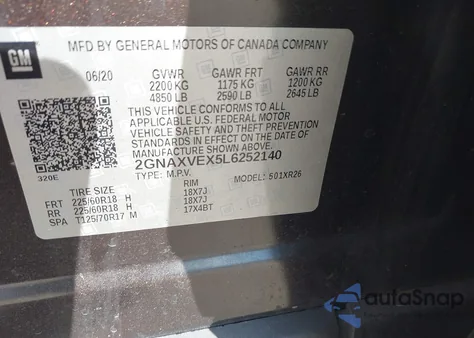 2020 Chevrolet Equinox Awd Lt 2.0L Turbo z USA, uszkodzony, nr VIN 2GNAXVEX5L6252140